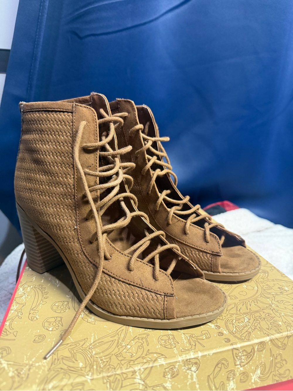 American Rag Tan Lace-Up Peep Toe Block Heel Boots